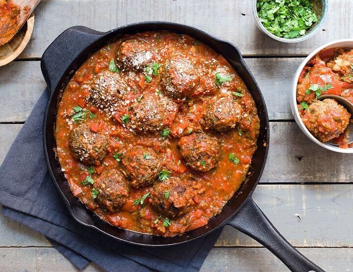vegetarian mushroom meatballs in tomato chermoula sauce