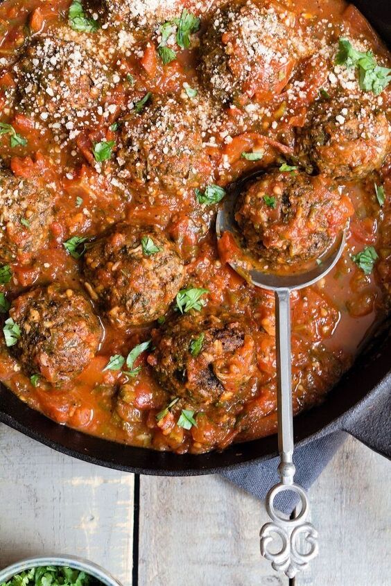 vegetarian mushroom meatballs in tomato chermoula sauce