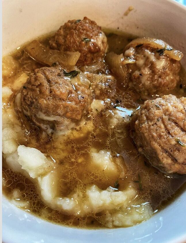 french onion meatballs over mashed potatoes, French Onion Meatballs