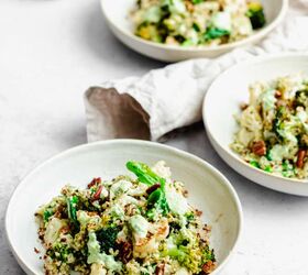 quinoa broccoli and cauliflower salad with creamy dressing, quinoa broccoli and cauliflower salad with crunchy pecans and creamy tahini dressing