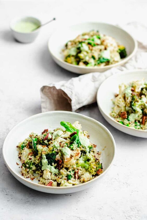 quinoa broccoli and cauliflower salad with creamy dressing, quinoa broccoli and cauliflower salad with crunchy pecans and creamy tahini dressing