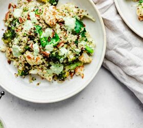 quinoa broccoli and cauliflower salad with creamy dressing, quinoa broccoli and cauliflower salad with crunchy pecans and creamy tahini dressing
