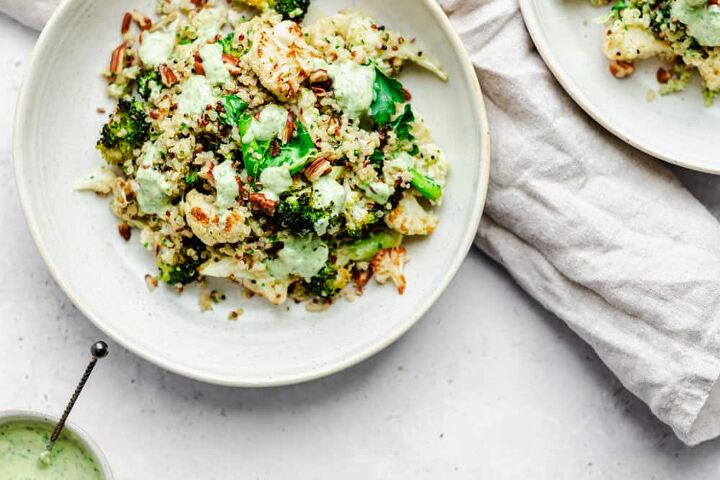 quinoa broccoli and cauliflower salad with creamy dressing, quinoa broccoli and cauliflower salad with crunchy pecans and creamy tahini dressing