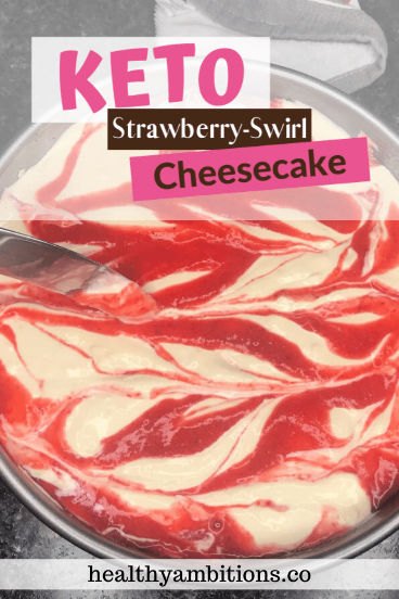 keto strawberry swirl cheesecake with an oreo cookie crust