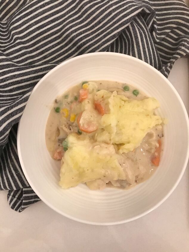 s 15 chicken pot pie dinners for anyone who needs comfort food this week, Chicken Pot Pie Casserole mashed potatoes