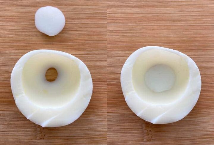 best deviled eggs with bacon, You can use an egg white trimming to fill a little hole in the egg white shell
