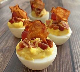 best deviled eggs with bacon, Garnish the stuffed eggs generously with bacon bits and crumbles