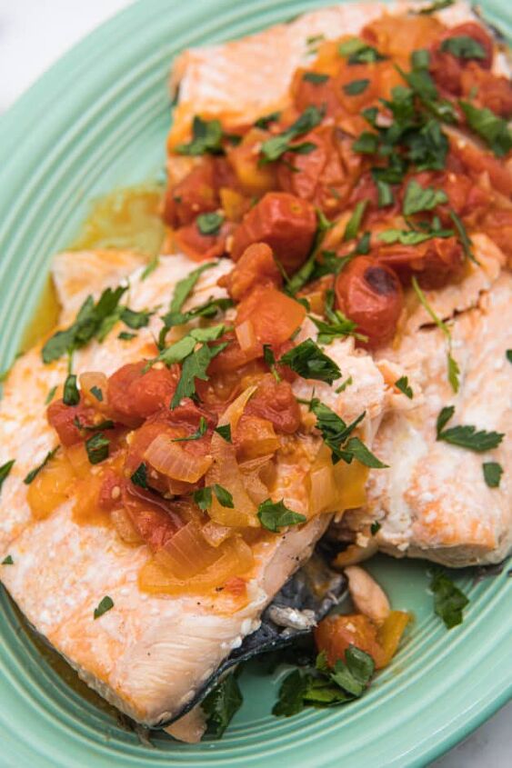 white wine salmon with blistered tomatoes