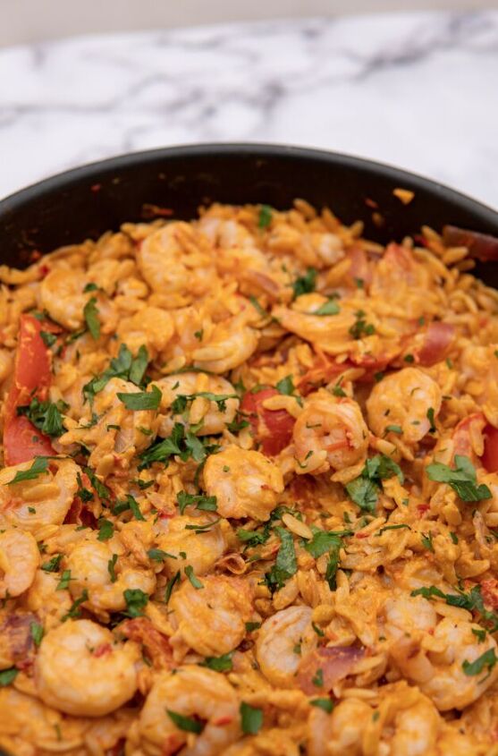 one pot shrimp orzo with harissa and tahini