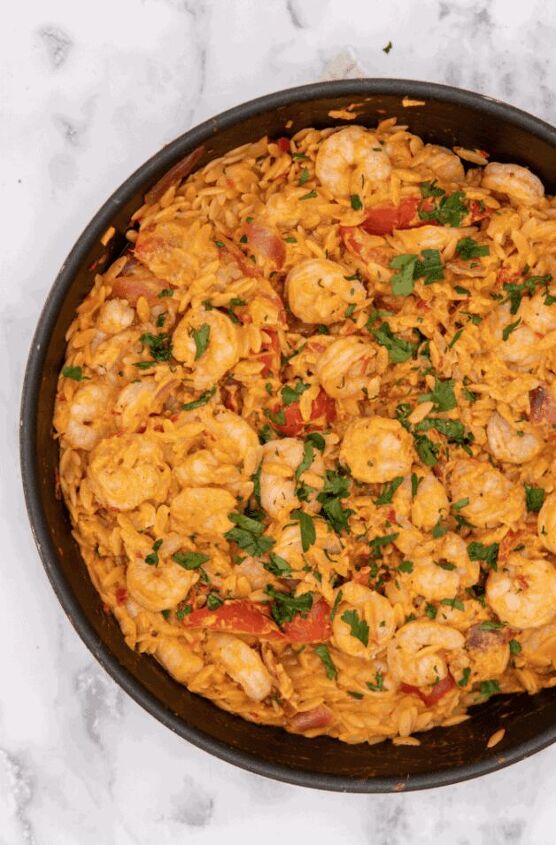 one pot shrimp orzo with harissa and tahini