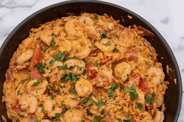 one pot shrimp orzo with harissa and tahini