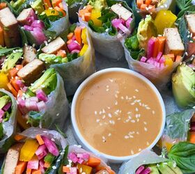 rice paper rolls with spring veg ginger sesame tofu and peanut sauce