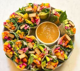 rice paper rolls with spring veg ginger sesame tofu and peanut sauce