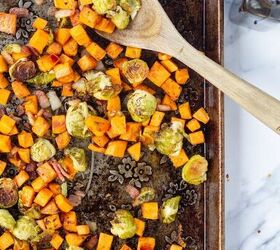 simple roasted brussel sprouts and sweet potatoes with bacon
