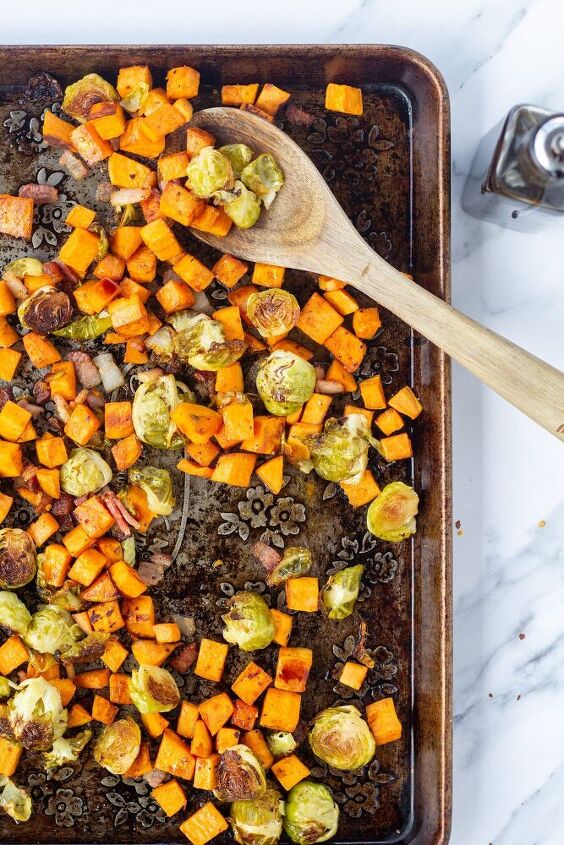 simple roasted brussel sprouts and sweet potatoes with bacon