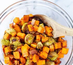 Simple Roasted Brussel Sprouts and Sweet Potatoes With Bacon