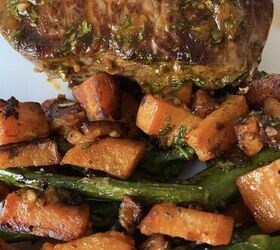Strip Steaks With Smoky Cilantro Sauce & Roasted Vegetables
