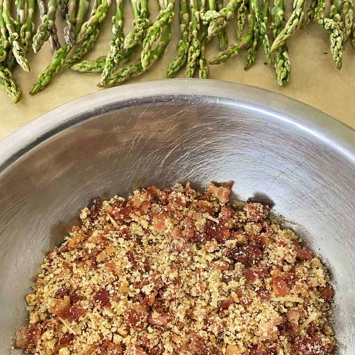 oven roasted asparagus with bacon bits bread crumbs and parmesan chee