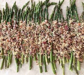 oven roasted asparagus with bacon bits bread crumbs and parmesan chee