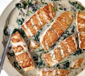s 10 easy salmon recipes that are nutritious and delicious, Garlic Parmesan Creamed Spinach Salmon