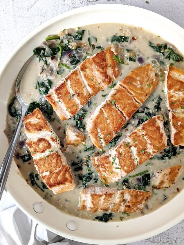 s 10 easy salmon recipes that are nutritious and delicious, Garlic Parmesan Creamed Spinach Salmon