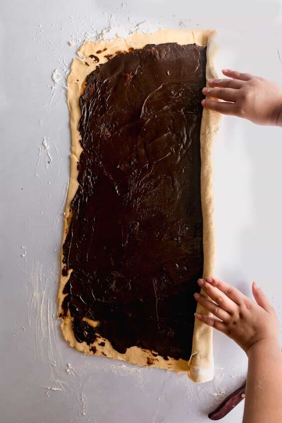 chocolate espresso babka, Roll into a log along the long edge of the dough