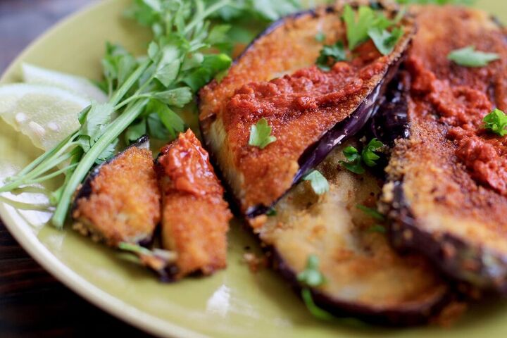 crispy fried eggplant with homemade harissa