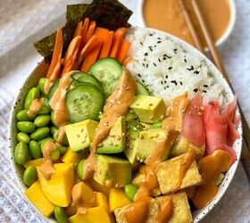 vegan pok bowl with white miso sriracha tahini sauce