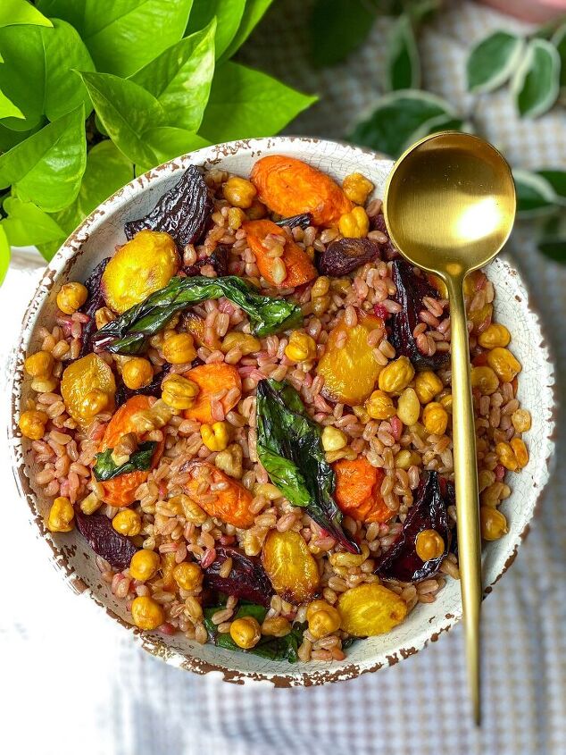 farro bowl with roasted root veggies and date dijon balsamic dressing