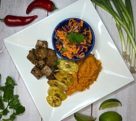 Jerk Tofu, Sweet Potato Mash, Coconut Caribbean Coleslaw & Plantain | Foodtalk