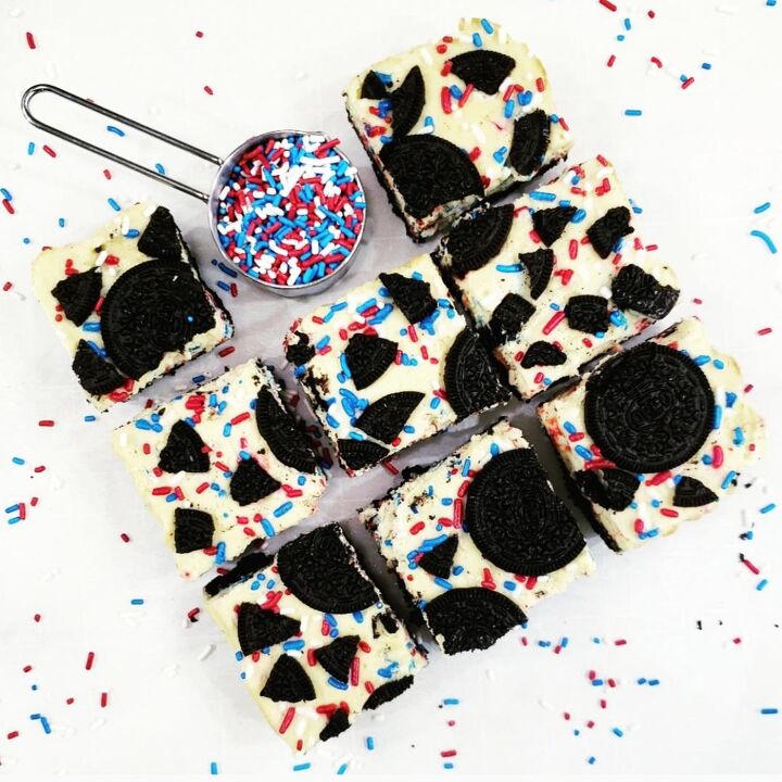 s 12 delicious red white and blue desserts for your july 4th bbq party, Oreo Funfetti Cheesecake Bars