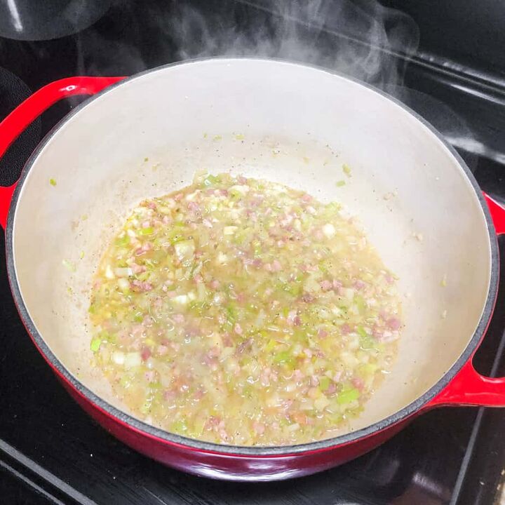 orzo soup with pancetta, Stir in wine and miso Allow to reduce