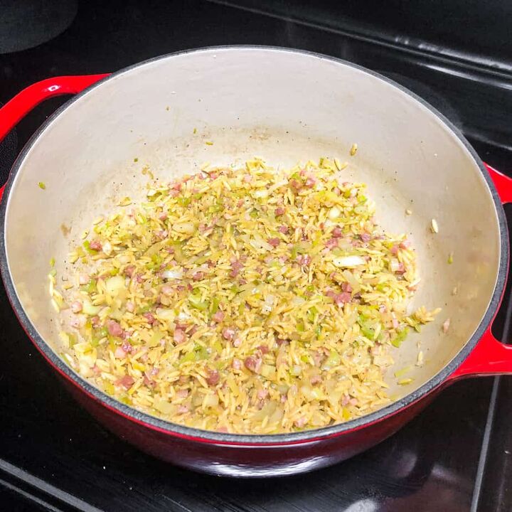 orzo soup with pancetta, Saute orzo