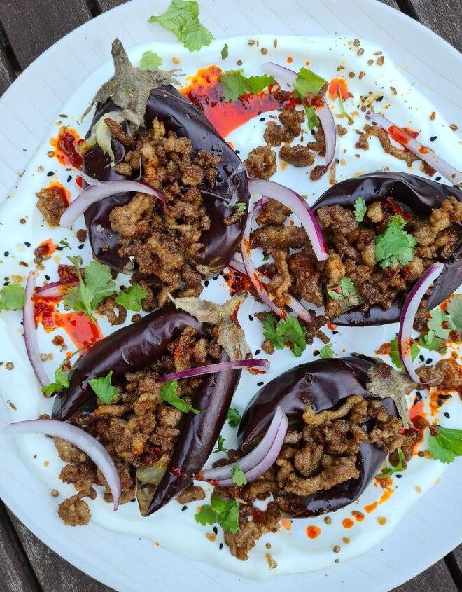 roasted baby aubergines with spiced lamb