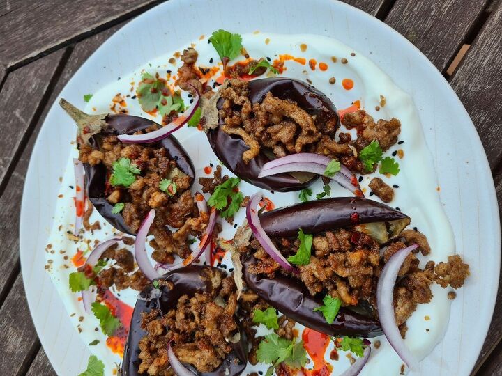 roasted baby aubergines with spiced lamb