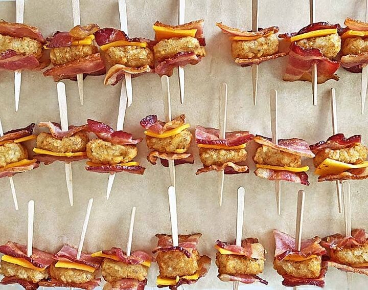 tater tots and bacon cheese bites, Tater tot bacon bites on a parchment and foil lined baking sheet