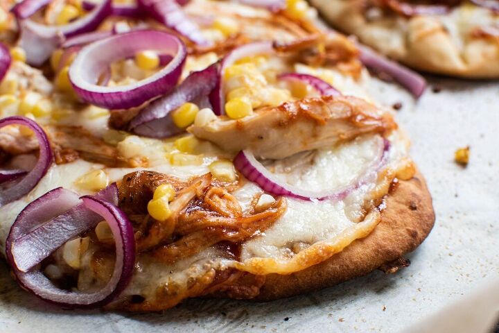 barbeque chicken naan flatbread with mozzarella pickled sweet corn