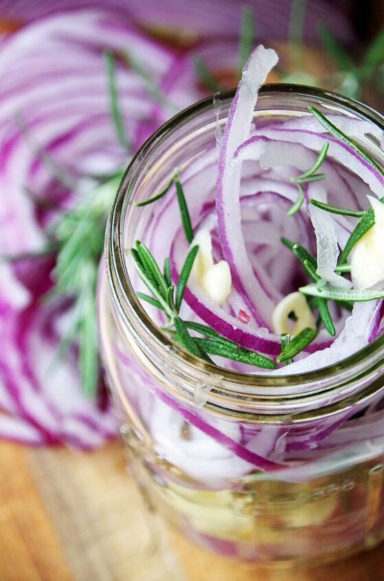 sweet pickled red onions with garlic and rosemary