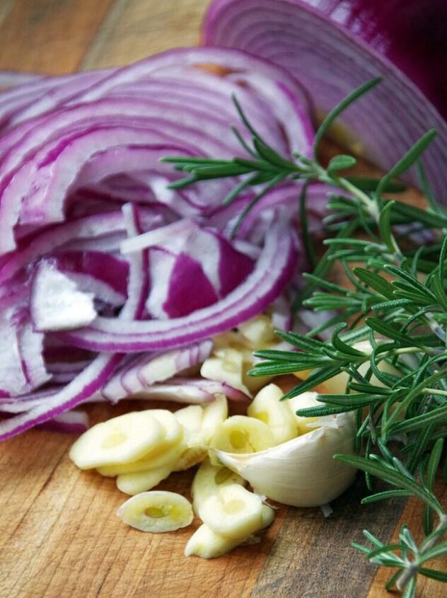sweet pickled red onions with garlic and rosemary