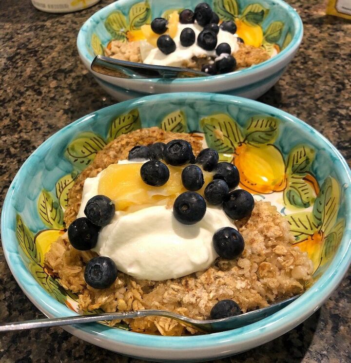 fried oatmeal with lemon curd and blueberries