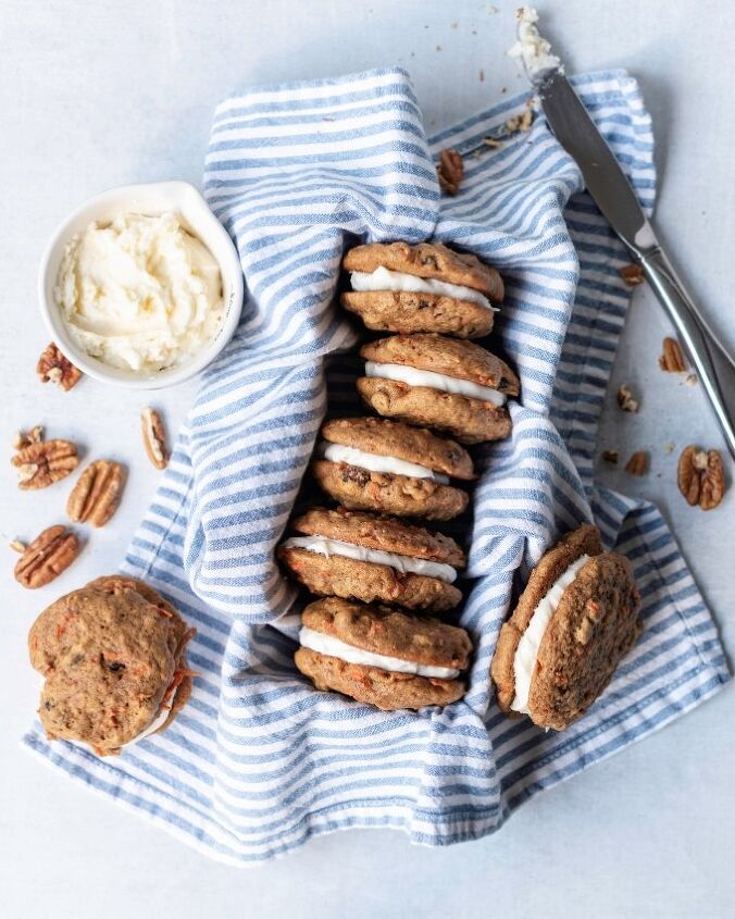 carrot cake cookie sandwiches with cream cheese frosting