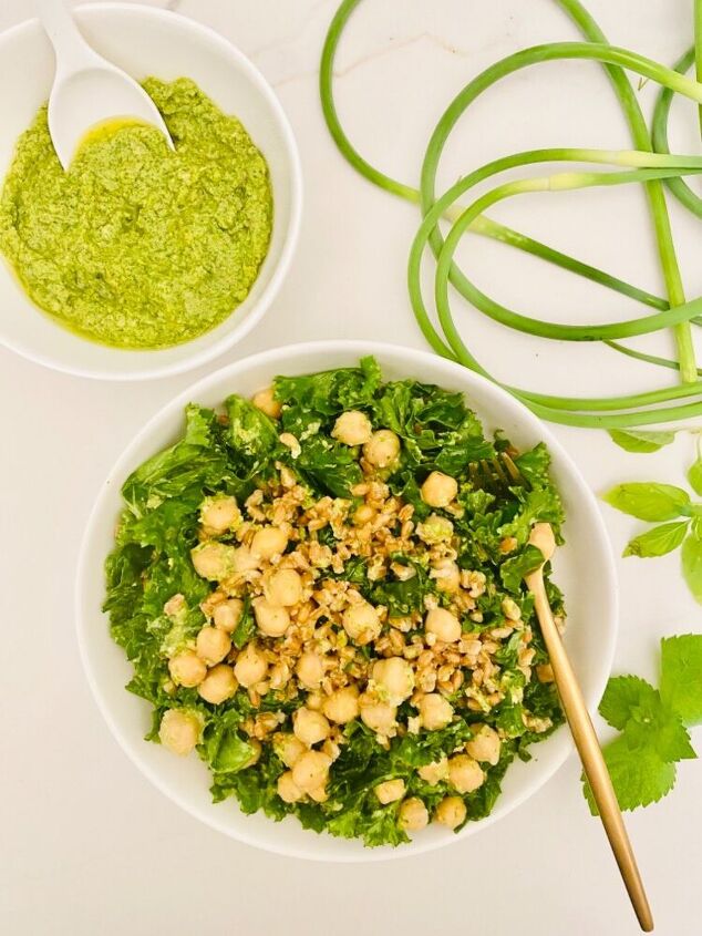 garlic scape mint pesto farro salad with kale chickpeas