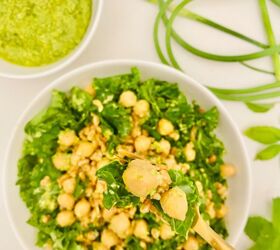 Garlic Scape + Mint Pesto Farro Salad With Kale + Chickpeas