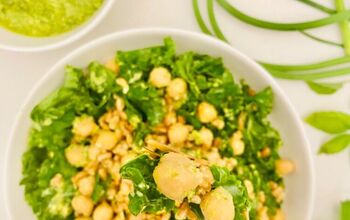 Garlic Scape + Mint Pesto Farro Salad With Kale + Chickpeas