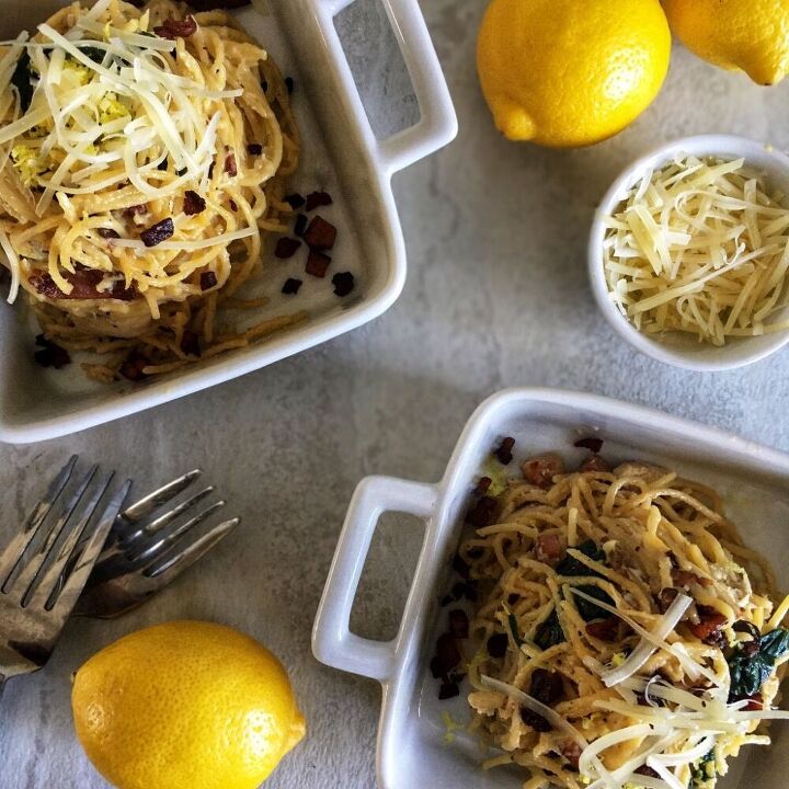 creamy lemon ricotta pasta with spinach and crispy pancetta