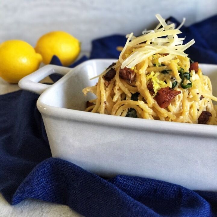 creamy lemon ricotta pasta with spinach and crispy pancetta
