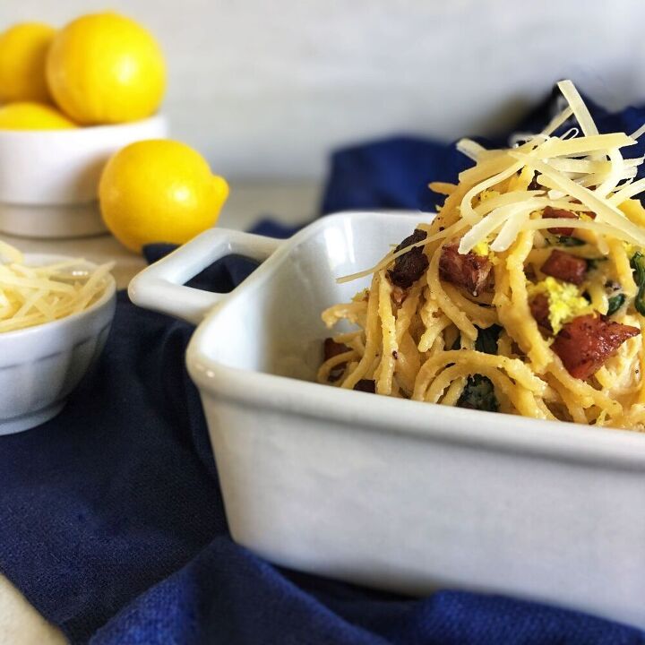 creamy lemon ricotta pasta with spinach and crispy pancetta