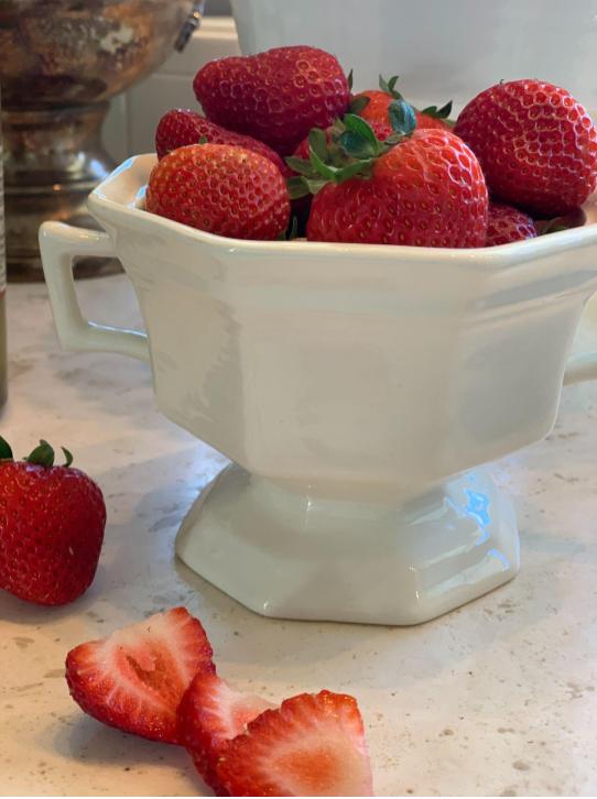 the best summer salad ever, Fresh strawberries from my garden in one of my favorite vintage compotes