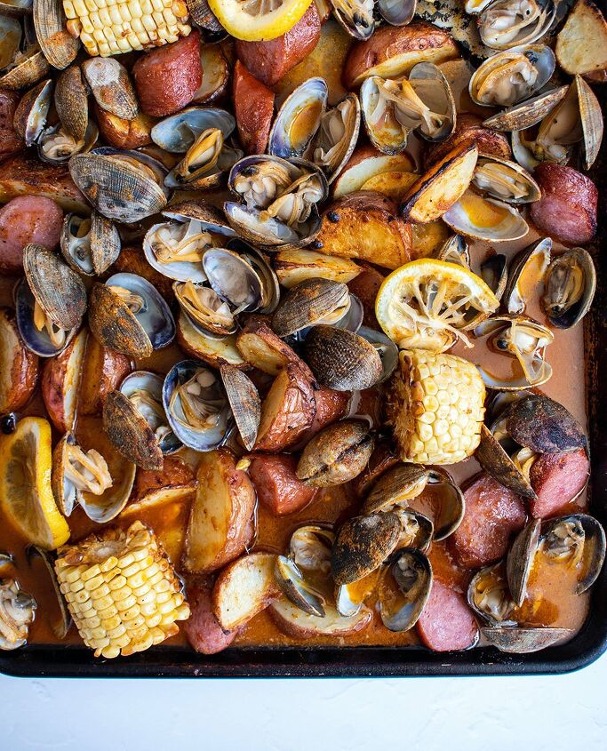 s 12 seafood dishes to enjoy on summer vacation, Sheet Pan Clam Bake