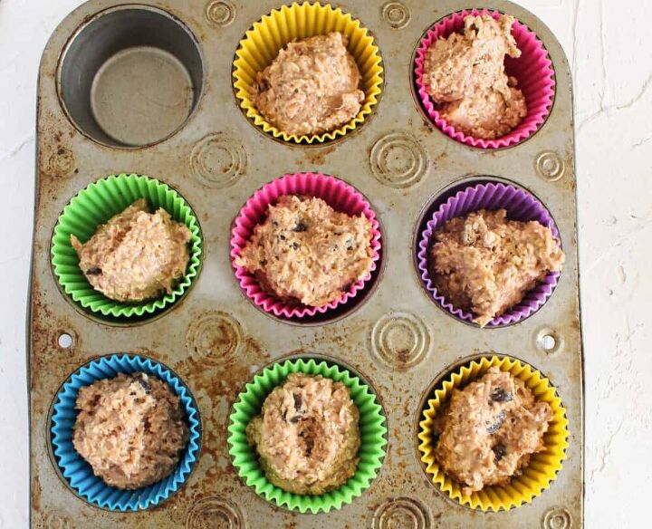 easy chocolate banana protein muffins vegan, Scoop into baking tray